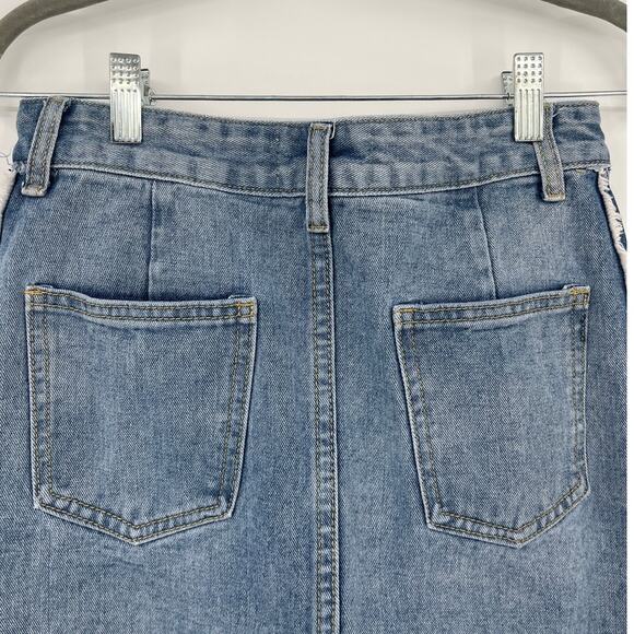 En Creme Y2K Cut Off Denim Mini Skirt Sz S Festival Grunge Distressed Raw Edge - Picture 7 of 9